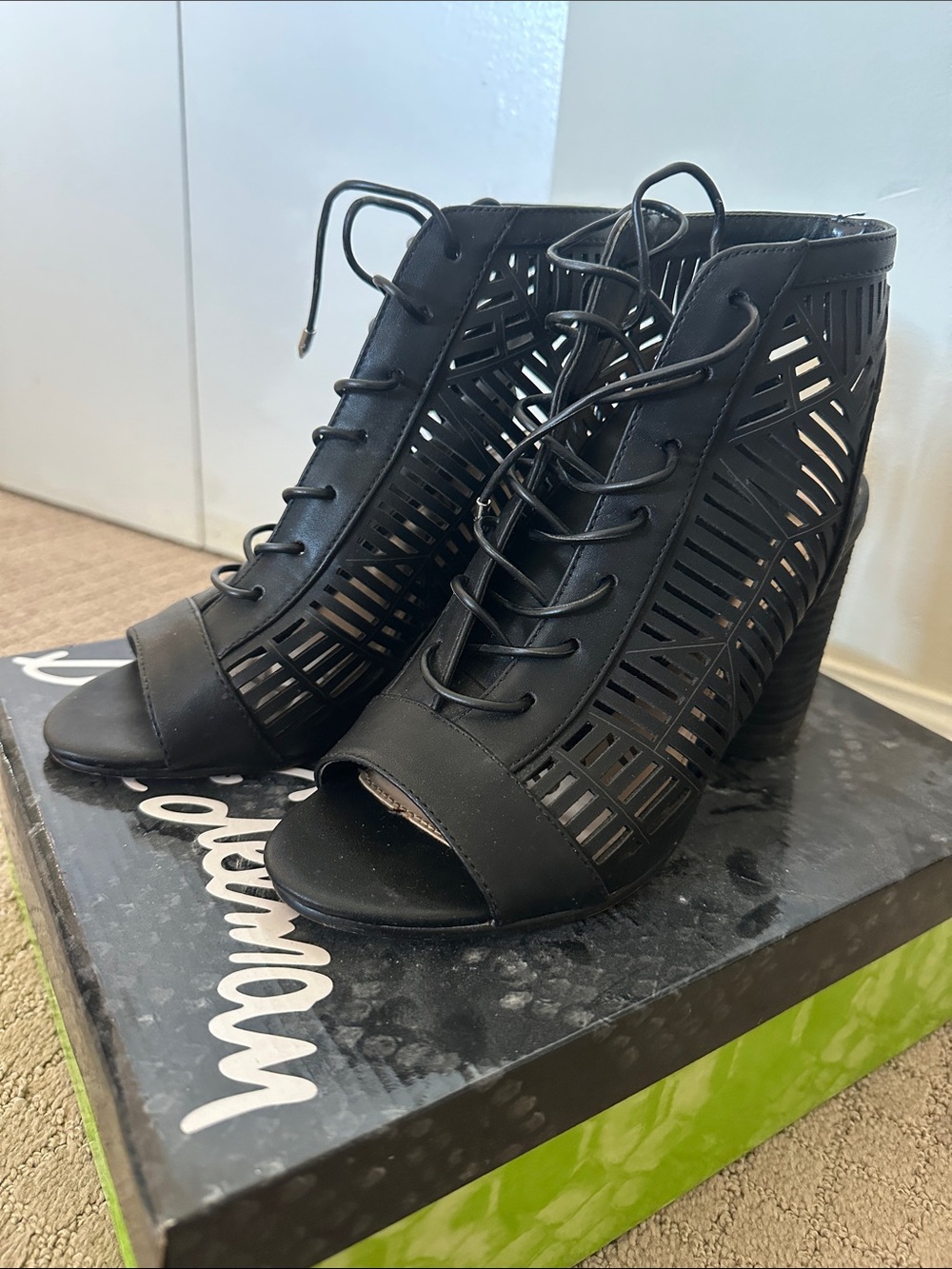 Sam Edelman Black Laser-Cut Lace-Up Peep-Toe Heeled Booties